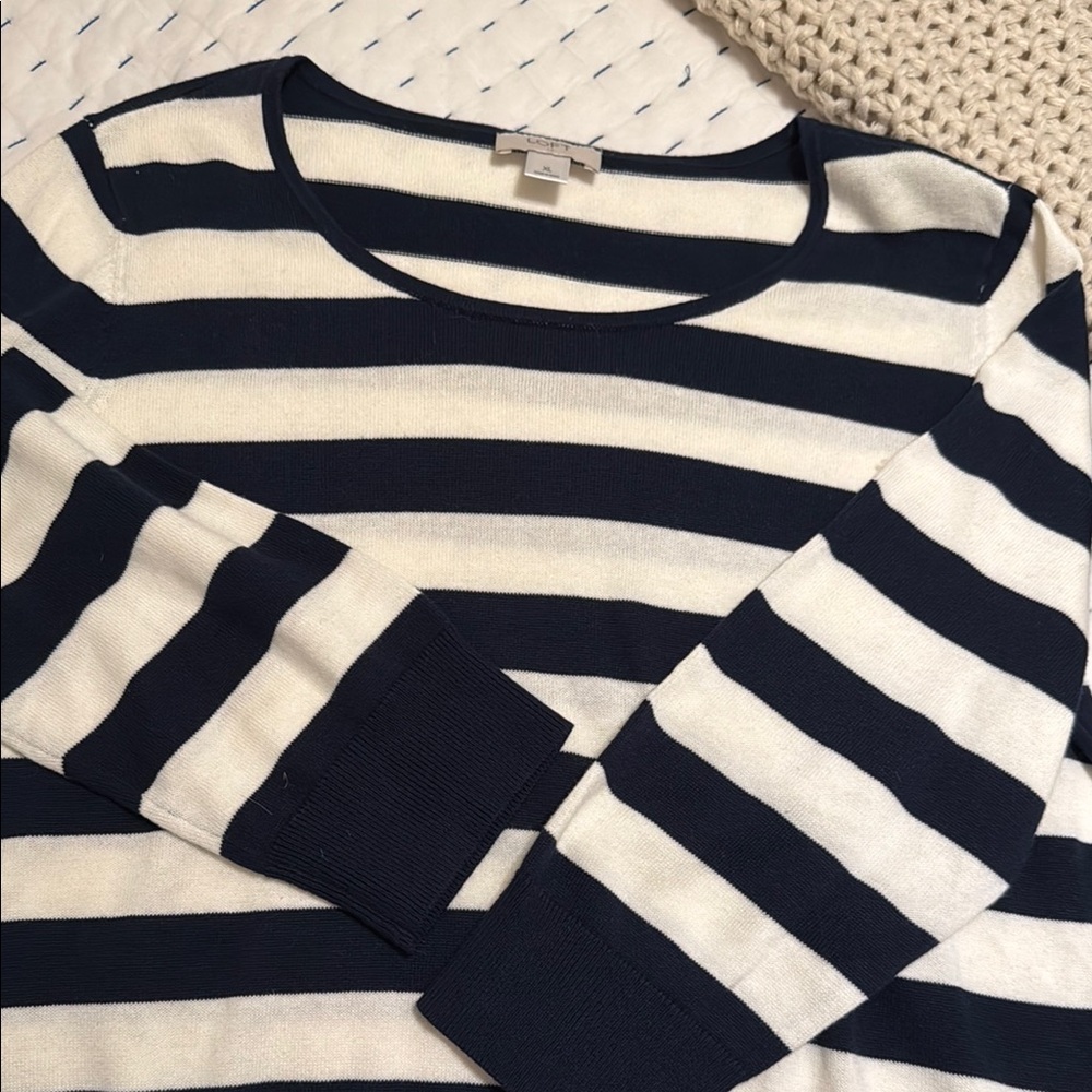 LOFT Striped Navy and Cream Crew Neck Sweater